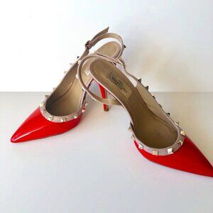 VALENTINO Replica Red Patent Rockstud Slingback Pump Blush Fawn Gold Hardware 40